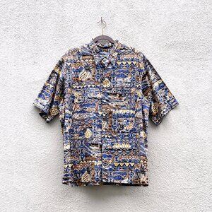 Vintage Men's Reyn Spooner Cotton Tiki Hawaiian Surfing Print Shirt XLarge